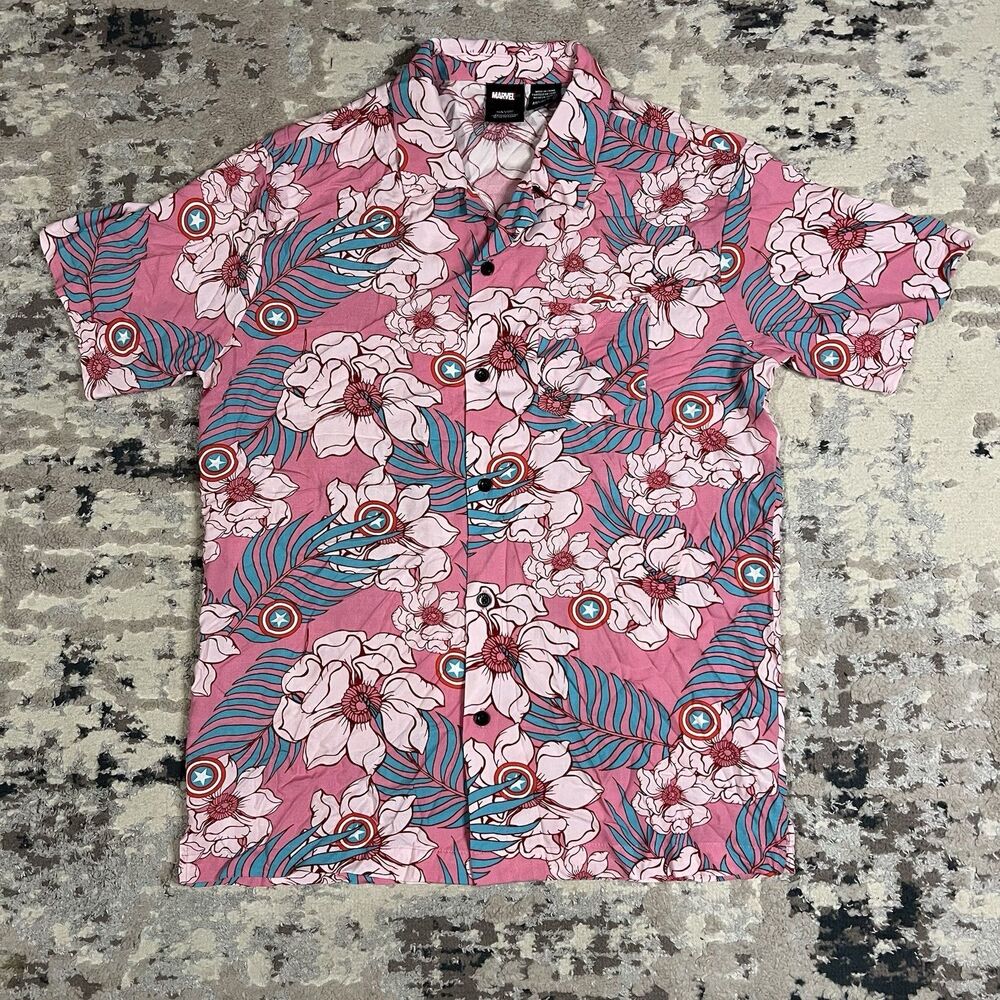 Marvel Captain America Shield Tropical Hawaiian Floral Shirt Men Sz M Wear Vaca